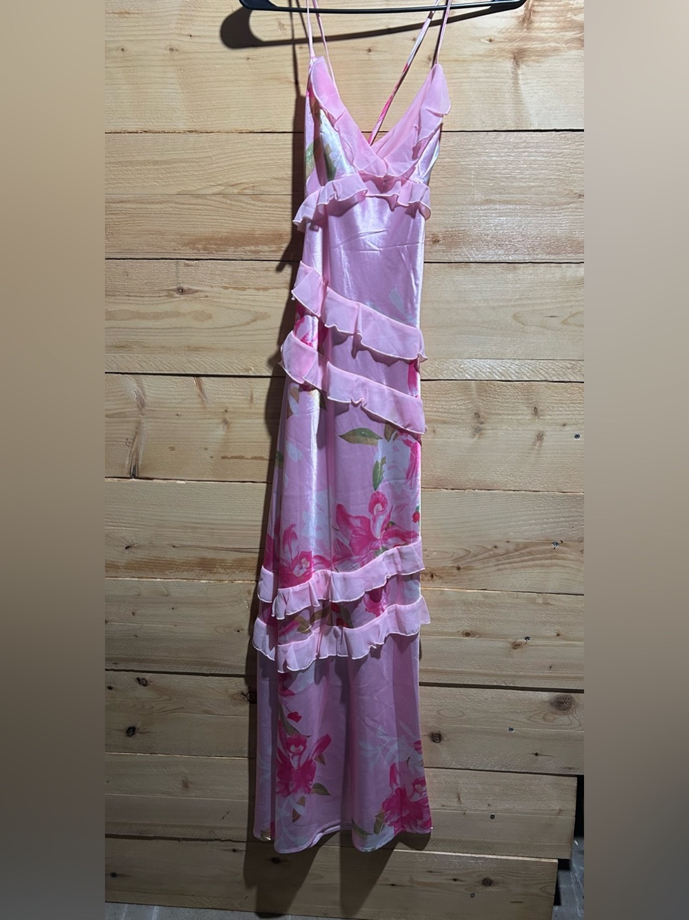 Beginning Boutique Pink Floral Ruffle Slip Maxi Dress
